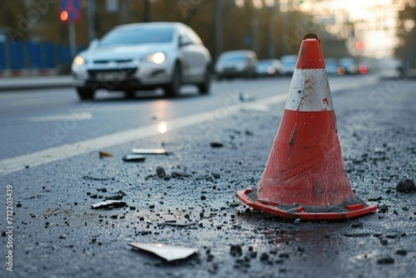 Fototapeta Crash occurs when a road is struck by a traffic cone