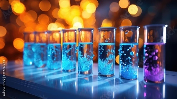 Fototapeta Flasks with liquid, chemical laboratory tests. Transparent glass test tubes. Flasks with chemical liquids background