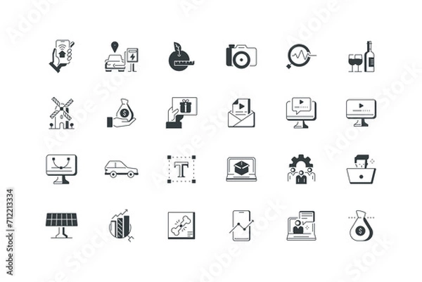 Fototapeta Analysis icon, Analysis vector illustration,Camera icon,Diet icon,Eletric station icon,Home check app icon,Medical phone icon,Money bag icon,Online business icon,Phone data icon,Rentgen,set of icons