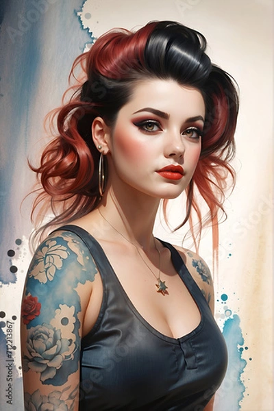 Fototapeta Portrait of a beautiful rockabilly pinup girl with red and black hair and tattoos. Watercolor effect minimalistic background. 