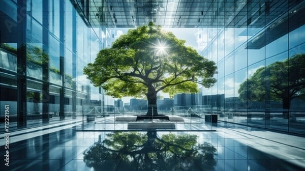 Fototapeta Eco-friendly building in the modern city. Sustainable glass office building with tree for reducing carbon dioxide. Office building with green environment. Corporate building reduce CO2 Ai generated