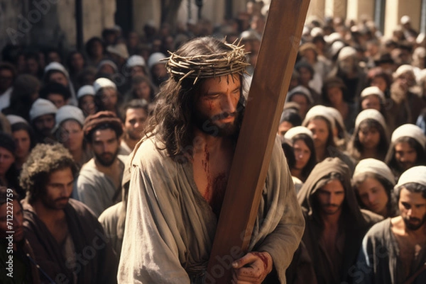 Obraz Jesus Christ via the cross, walking through the streets among a crowd of people with the cross on his back