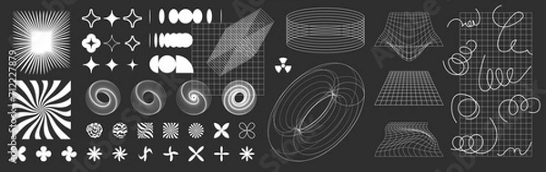 Fototapeta Abstract y2k vector retro futuristic shape icons. Y2k retro style stars, flowers, geometric shapes. Acid rave cyber punk symbols, design elements. Line grid vector planets in 90s style. Line spark set