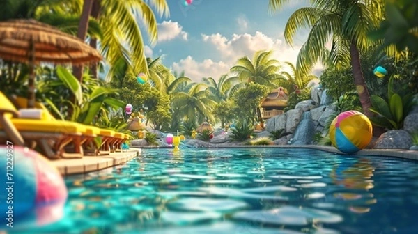Fototapeta A tropical paradise pool party for kids, complete with palm trees, tropical drinks, and beach ball games