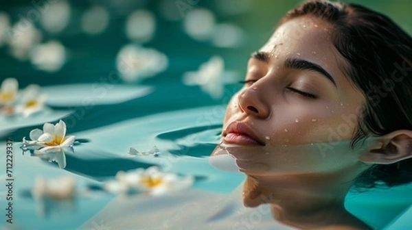 Fototapeta A serene image of a beautiful woman enjoying a spa day, submerged in a crystal-clear pool with floating flower petals