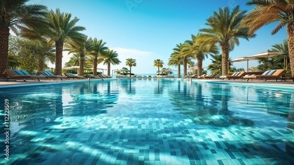 Fototapeta The shimmering surface of a luxurious swimming pool surrounded by palm trees and lounge chairs