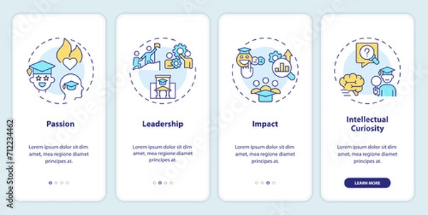 Obraz 2D icons representing key qualities in applicant for admission mobile app screen set. Walkthrough 4 steps colorful graphic instructions with line icons concept, UI, UX, GUI template.