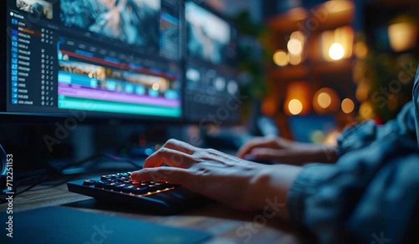 Fototapeta Close up hands female editor holding mouse pen  working editing video . Generative AI