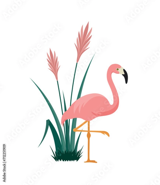 Fototapeta Pink flamingo standing near a flowering bush, eps 10 format