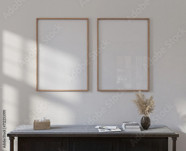 Fototapeta Mockup frame, poster empty in home living room design, farmhouse bohemian element mockup interior, 3d rendering.