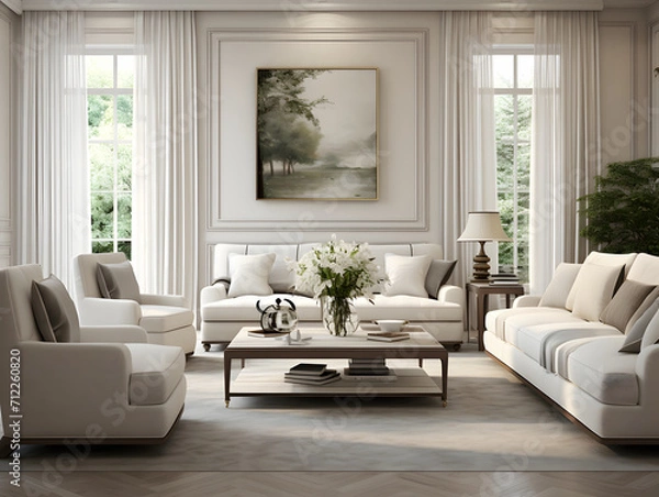 Fototapeta An elegant living room with beige sofas and chair