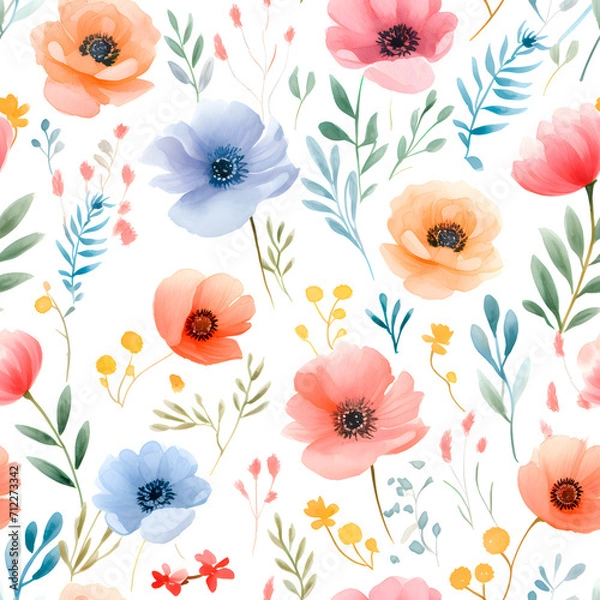 Fototapeta Watercolor flowers pattern, red, pink and blue elements, green leaves, white background. Design for fashion , fabric, textile, wallpaper, cover, web , wrapping and all prints.