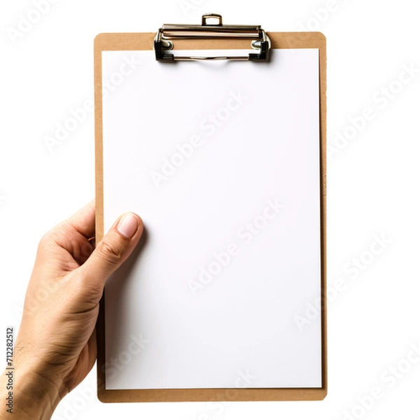 Fototapeta a man hand-holding a clipboard with blank white paper, or notepad, isolated on a transparent background