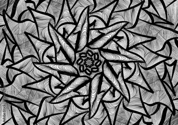 Fototapeta Seamless mandela background. Handmade drawing nature ethnic fabric backdrop pattern with saturated dark mandela. Textile design texture. Decorative binary monochrome black and white art. Illustration.