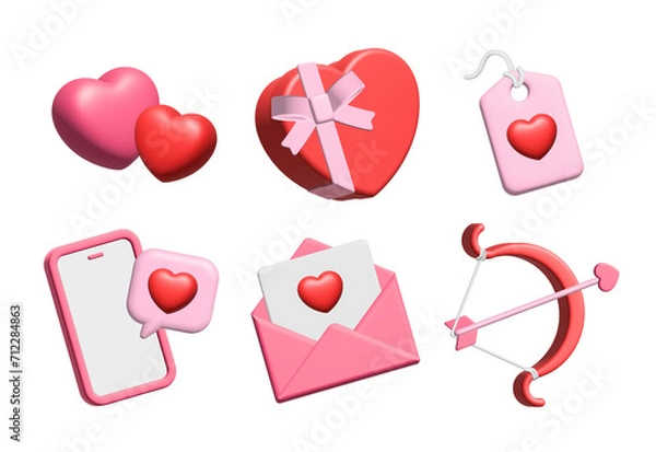Fototapeta 3d cute valentine element, icon on isolated white background. Festive design element for happy valentines day, wedding, anniversary decoration. Render illustration png.