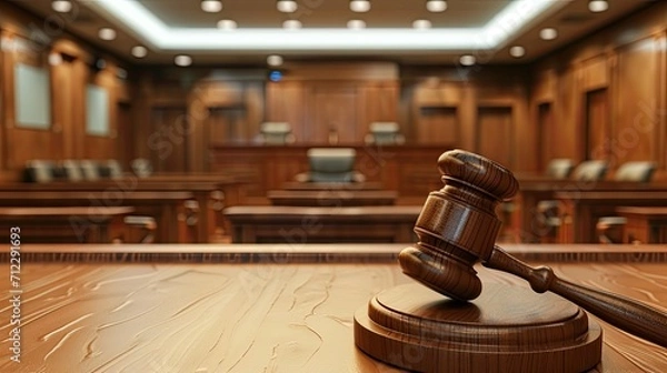 Fototapeta photograph of a judge's gavel prominently placed on a wooden stand in the foreground of a traditional courtroom. The background shows the judge's bench, witness stand, and jury box