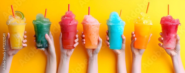 Fototapeta Summer concept - hands holding selection of colorful slushie drinks, solid color background