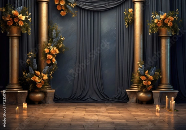 Fototapeta A captivating indoor photo backdrop with dark plants, a wedding column, and a blank wall, setting the stage for elegance
