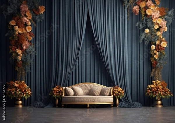 Fototapeta A captivating indoor photo backdrop with dark plants, a wedding column, and a blank wall, setting the stage for elegance