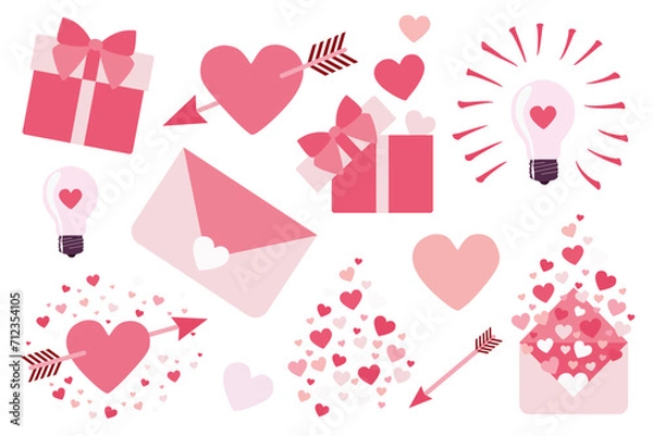 Fototapeta Valentines day Vector Set for Printing Sicker pack. Flat Illustration isolated on white. Great Design Collection for Card, Poster, Banner. Cartoon Heart, Gift box, Love message. Graphic Art Elements.