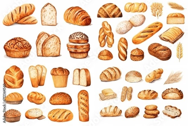 Fototapeta watercolor cartoon illustration collection set, fresh vintage bread look tasty, isolated on white background, idea for sticker and junk journal clipart, Generative A