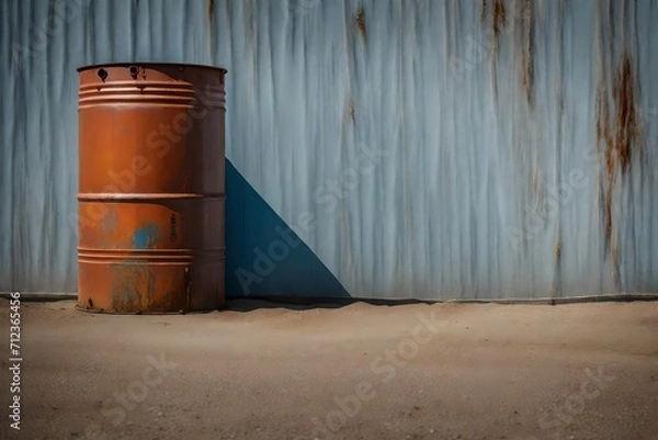 Fototapeta abandonned weathered rusty metal oil barrel in front of a rusted metal pannel