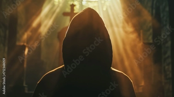 Obraz Divine Illumination Silhouette of a Hooded Man in Church, Bathed in Sunlight Backlight