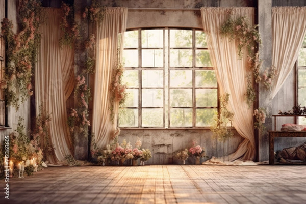 Fototapeta Blank canvas of a soft indoor window curtain photo backdrop, offering endless possibilities for your creative projects and designs