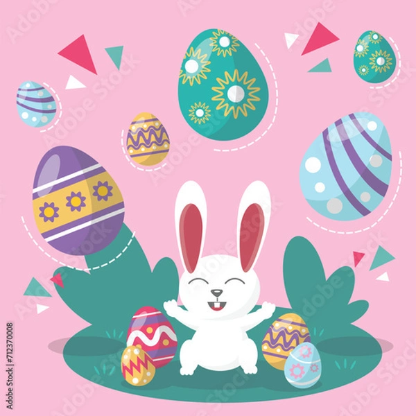 Obraz Cute rabbit with easter eggs, Happy Easter bunny, vector illustration.