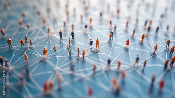 Fototapeta Aerial view of crowd people connected by lines, social media and communication concept. 