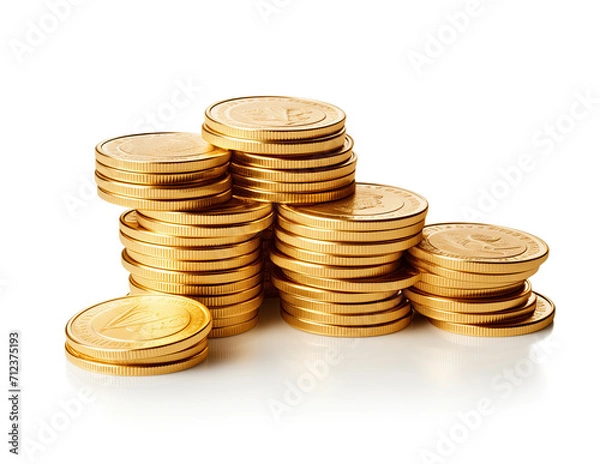 Fototapeta A close-up image showcasing stacks of shiny golden coins isolated on a white background, symbolizing wealth and savings.