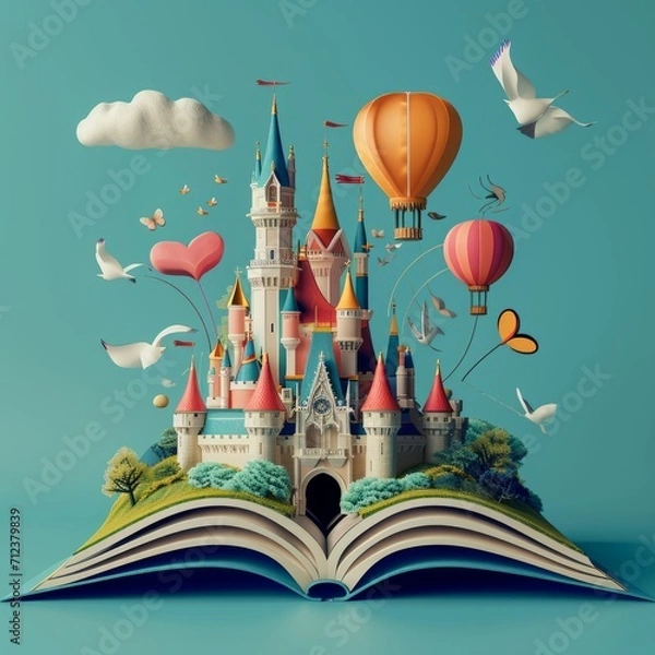 Fototapeta World book day. Fantasy and literature concept. 3D style Illustration of magical book with fantasy stories inside it.