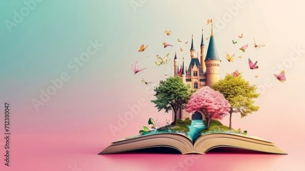 Fototapeta World book day. Fantasy and literature concept. 3D style Illustration of magical book with fantasy stories inside it.