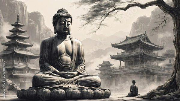 Fototapeta black and white illustration of monk sitting at tree and meditating near to big buddha statue,rocks, mountains and temples, generative AI