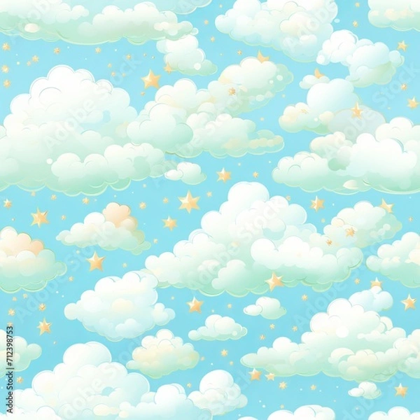 Fototapeta Seamless Pattern. Hand-painted Night Sky with Shimmering Stars and Fluffy Clouds