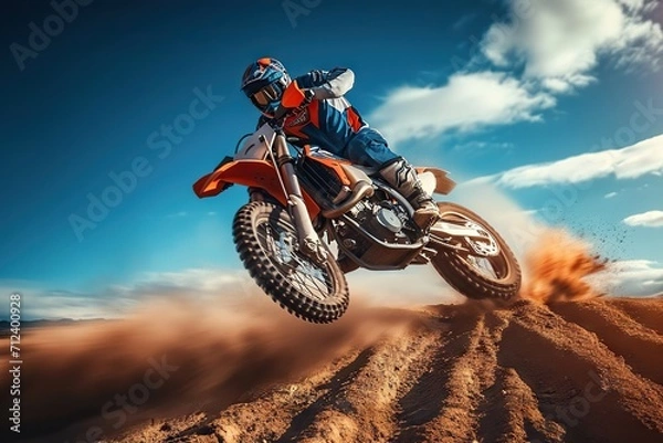 Fototapeta Dynamic Capture of a Motocross Rider in Action, Soaring Over Rugged Terrain Under a Majestic Sky, Exuding Power and Speed