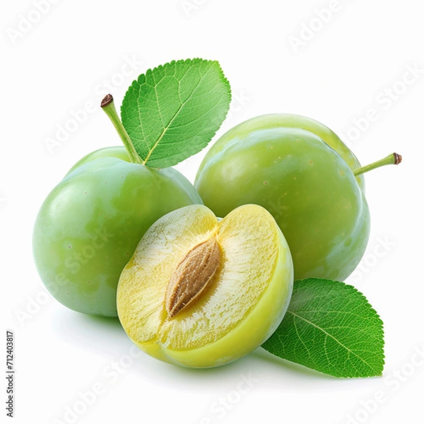 Obraz Fresh green plums with leaf isolated on white background, ai technology