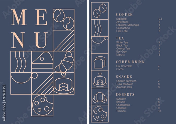 Fototapeta Cafe design menu. Coffee drinks menu price list for cafe, coffee shop vector template. Coffee linear print. Pattern with coffee theme in geometric minimalistic style. 
