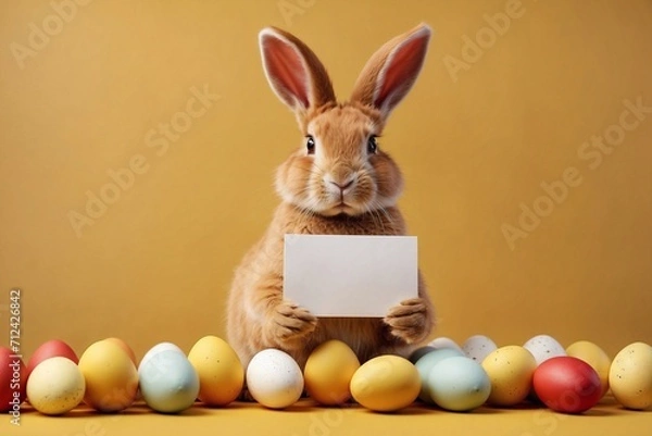 Obraz easter bunny with eggs and greeting card on yellow backdrop