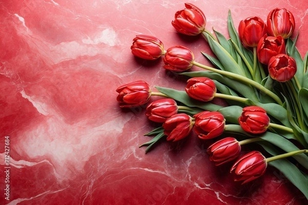 Obraz red tulips on marble background with copy space
