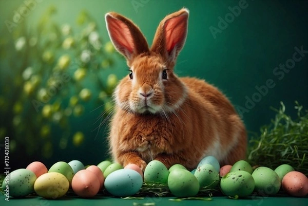 Obraz easter fluffy bunny with easter egg on green background, ideals for greetings