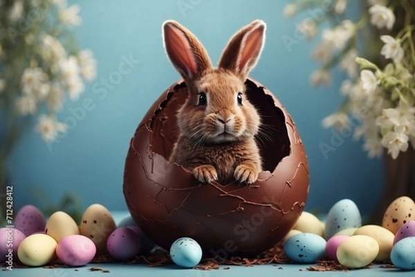 Obraz easter bunny in chocolate easter egg on blue, perfect for greetings