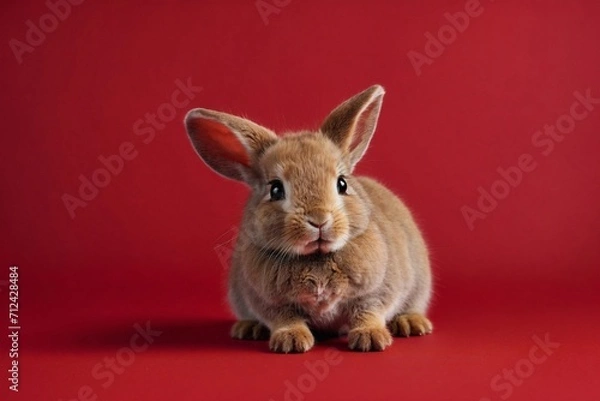 Obraz cute rabbit on red backdrop, copy space