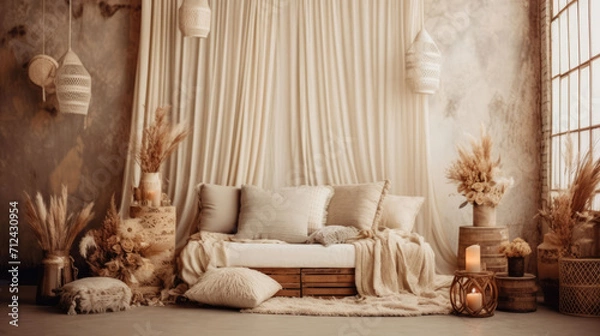Fototapeta A serene scene with soft decorative light, an empty sofa, and inviting indoor ambiance, creating a tranquil and cozy space