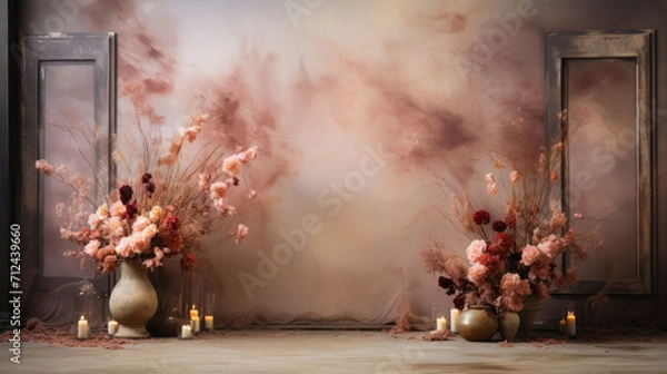 Fototapeta Create enchanting visuals with this studio photo backdrop, featuring an empty, blank stage, soft flowers, and a play of captivating ambient light