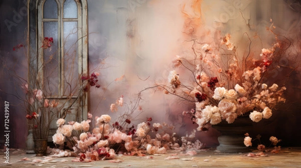 Fototapeta Create enchanting visuals with this studio photo backdrop, featuring an empty, blank stage, soft flowers, and a play of captivating ambient light