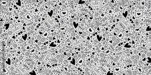 Fototapeta Valentine's Day pattern with hand-drawn doodles. Pattern for fabric, textile, wrapping paper, wallpaper, wedding backdrop, invitation card, brackgrounds.