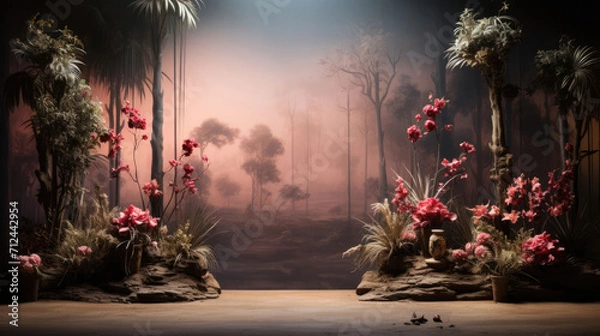 Fototapeta Create enchanting visuals with this studio photo backdrop, featuring an empty, blank stage, soft flowers, and a play of captivating ambient light