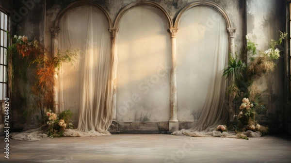 Fototapeta Create enchanting visuals with this studio photo backdrop, featuring an empty, blank stage, soft flowers, and a play of captivating ambient light