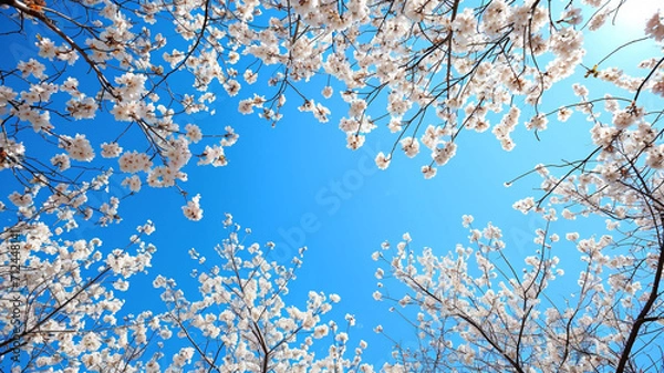 Fototapeta Scene that symbolizes the arrival of spring, with blossoming trees and a clear blue sky